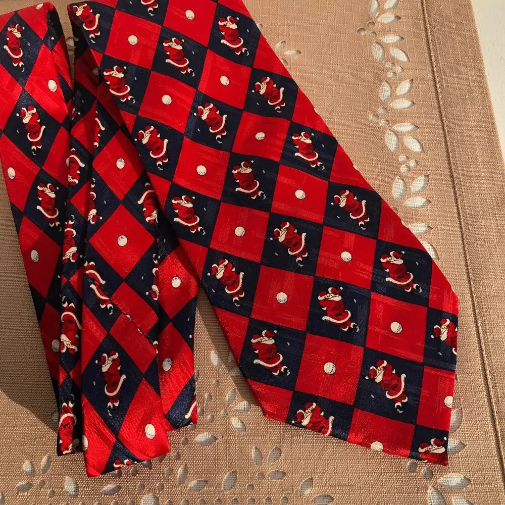 American Greetings Vintage Santa Golf Swing Print Silk Necktie